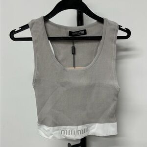 Miu Miu Gray Ribbed Tank with White Logo Hem